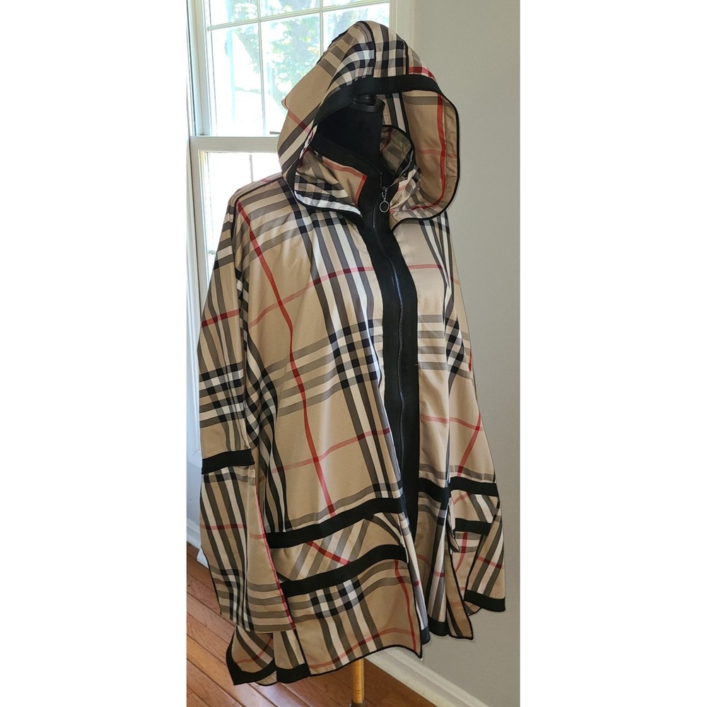 UBU Cape Drape Hoodie Full Zip Front Raincoat- Tan Black Plaid Travel Chic Lg